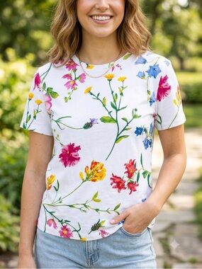 Zara Women’s Size M US Crew Neck Short Sleeve Top Floral Cotton Summer